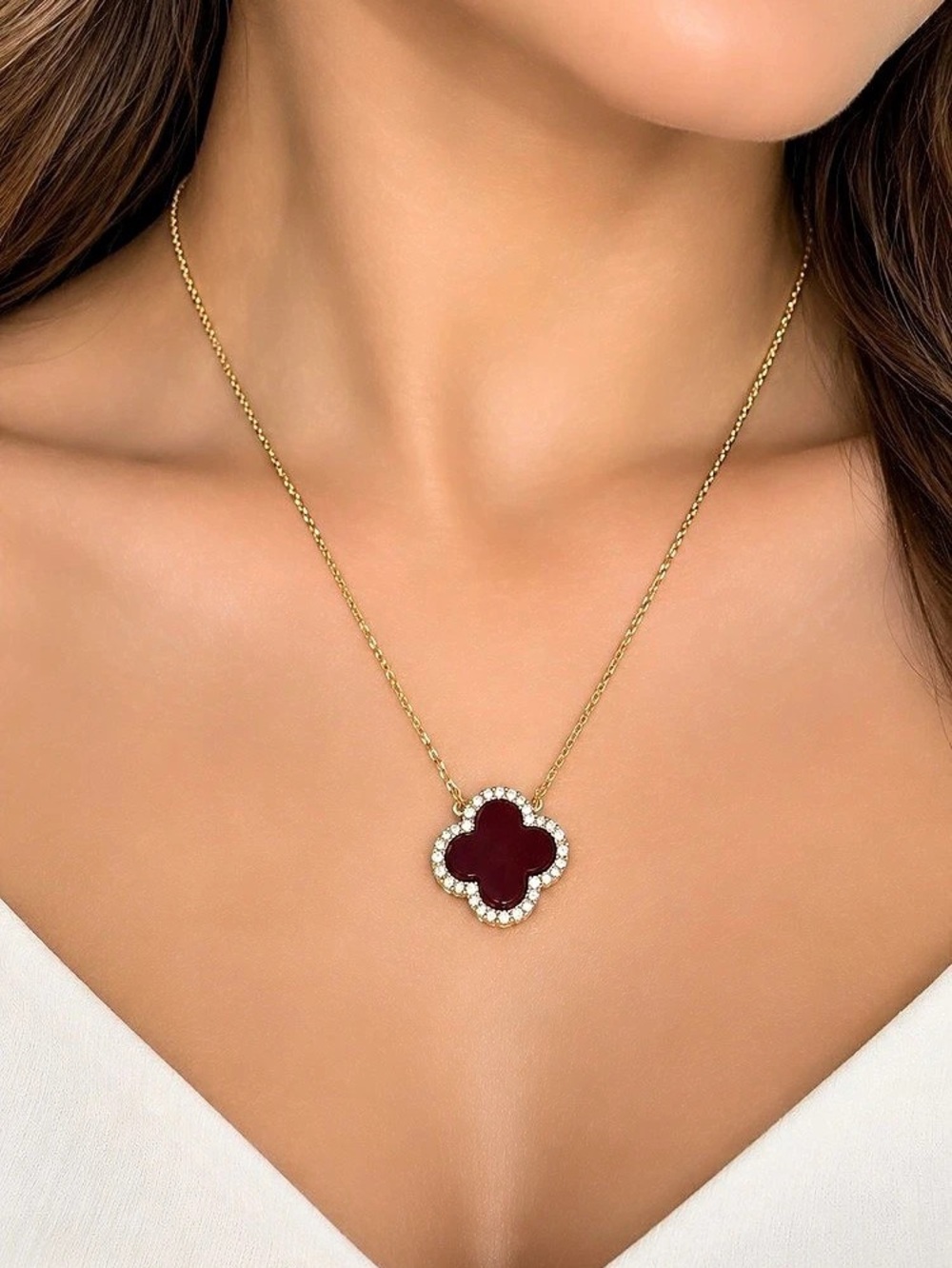 14K Gold Plated Red Clover Pendant Necklace | Crystal Halo Clover Necklace | Ele